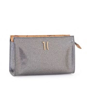 POCHETTE #BEAUTY DRITTO GRANDE NAPPA SINTETICA GLITTER ACCIAIO