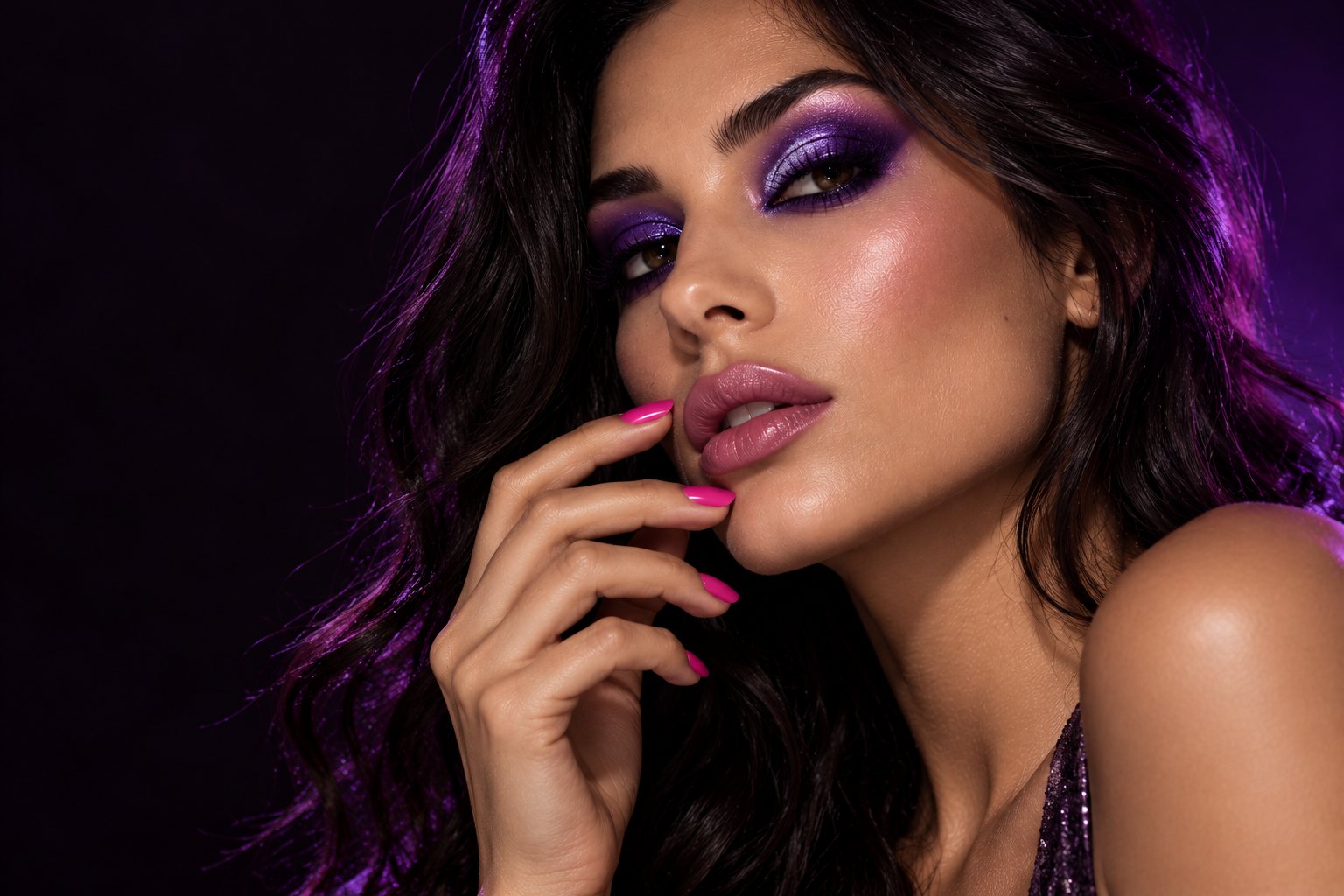 Trucco Halloween elegante con ombretto viola metallico e glitter, labbra malva